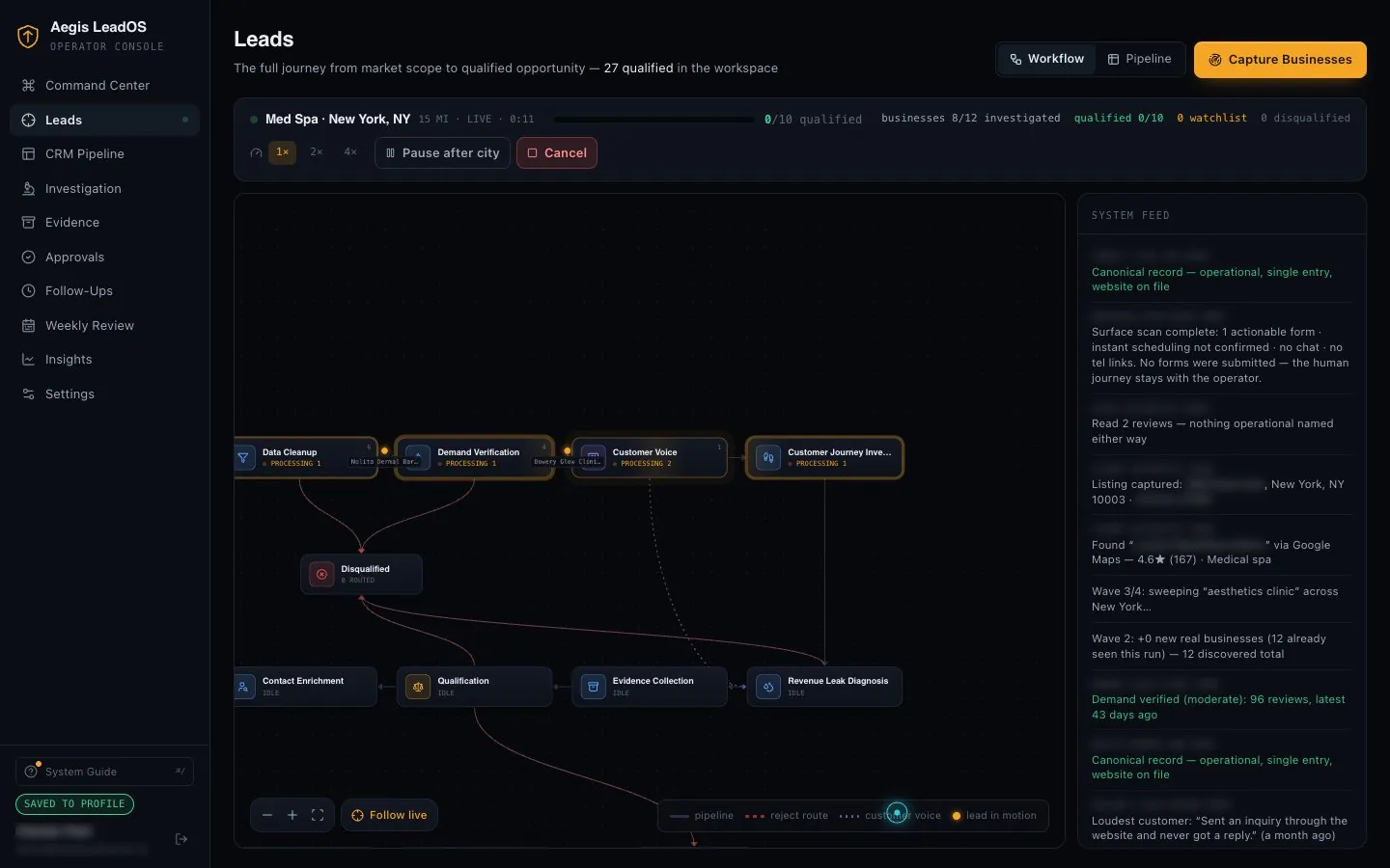 AegisLeadOS workflow running step by step