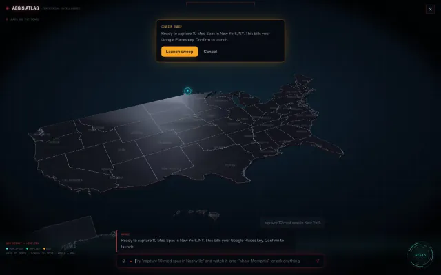 AegisLeadOS confirming a lead sweep before it bills the Places key