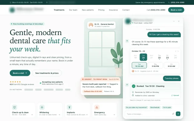 Dental clinic site with its AI front desk booking a cleaning