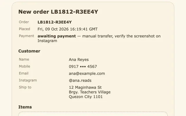 New-order alert email to the shop owner