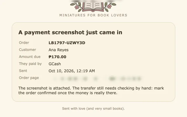 Payment proof email with the shopper's transfer attached