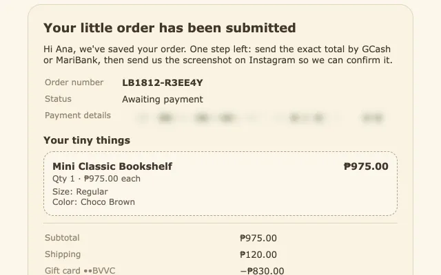 Order email telling the shopper how to pay