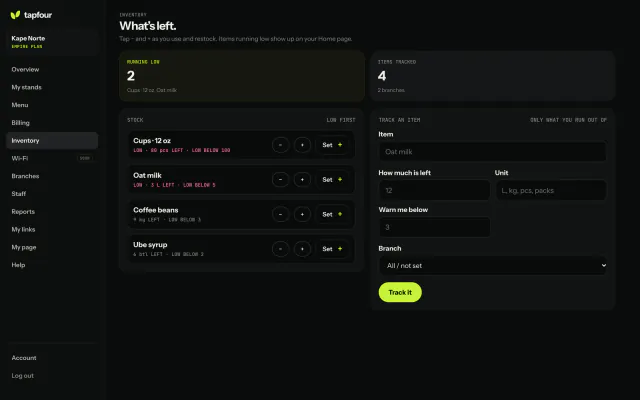 Tapfour stock tracker with low-stock warnings