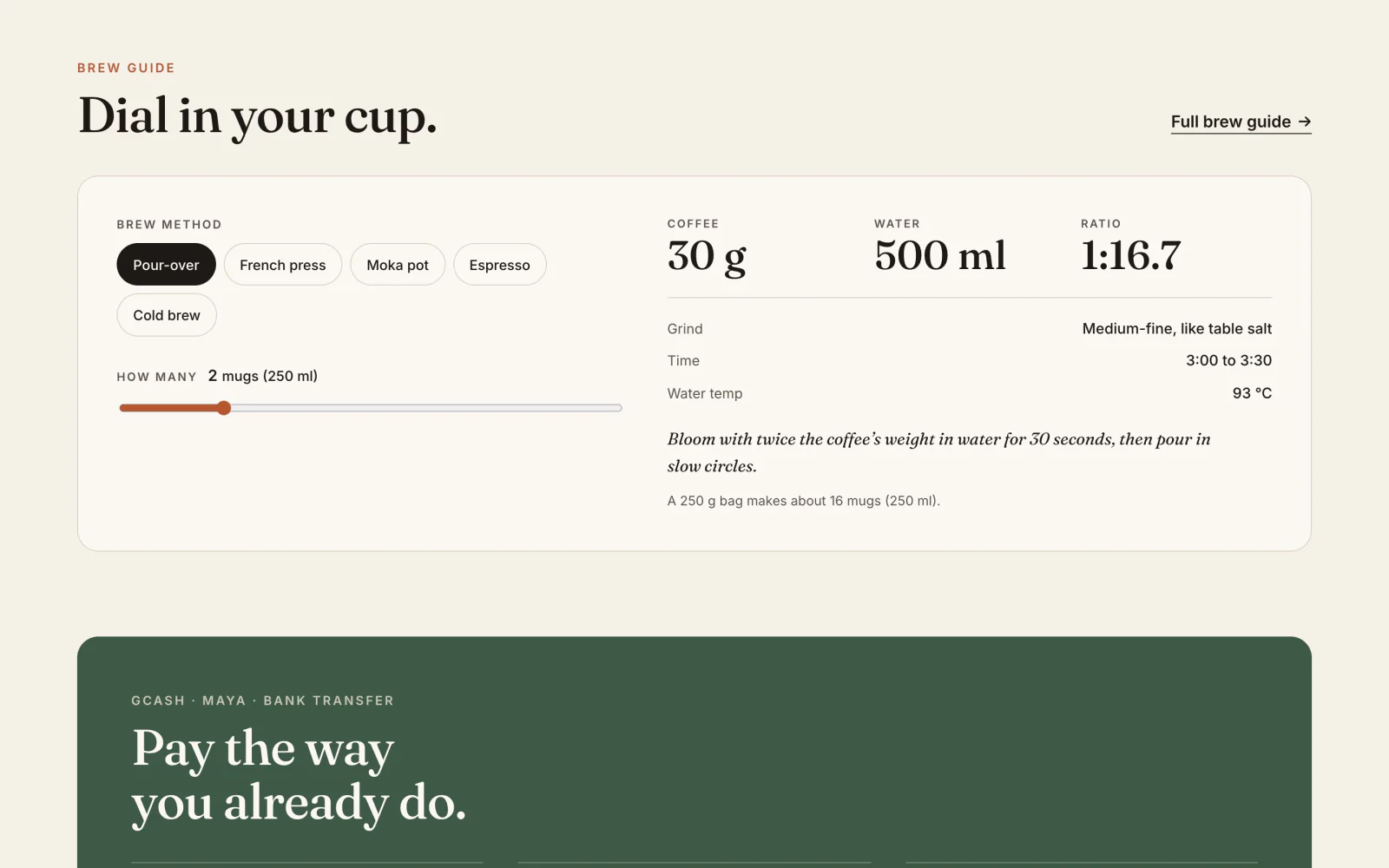 The brew calculator: pick a method and servings to get coffee, water, ratio, grind and time