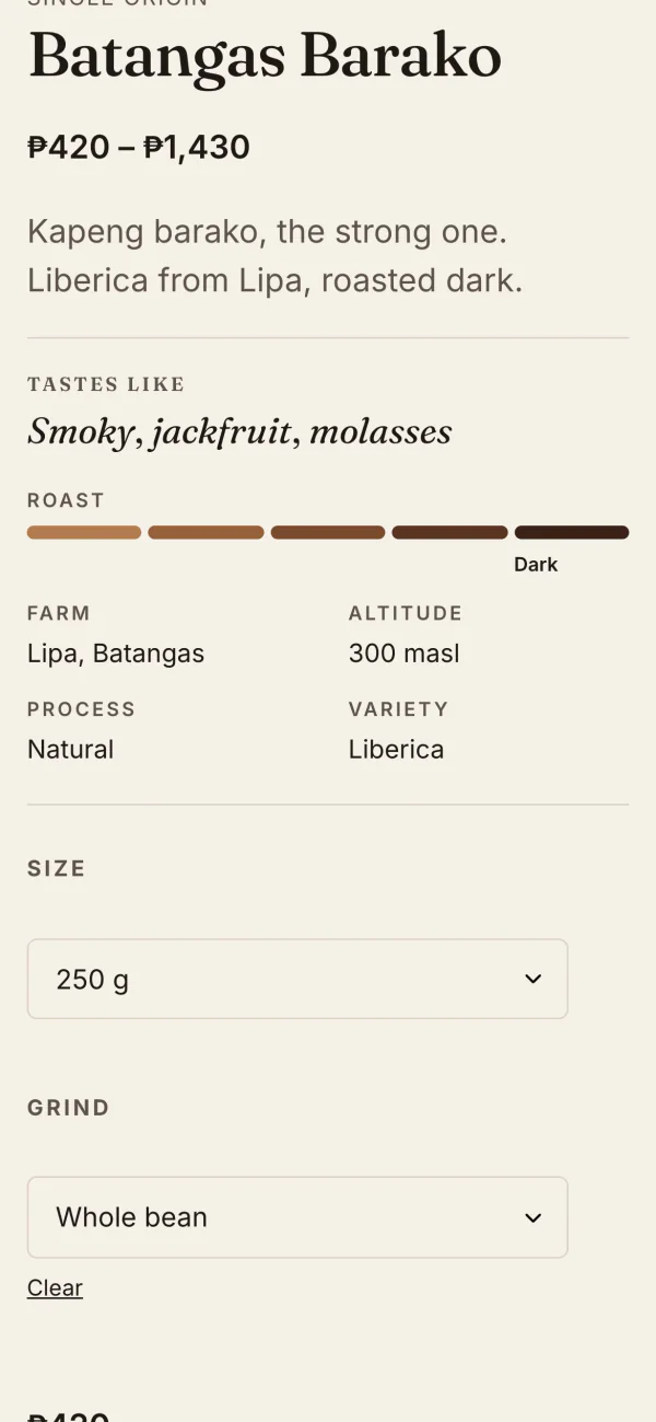 Batangas Barako product page on a phone with the roast meter