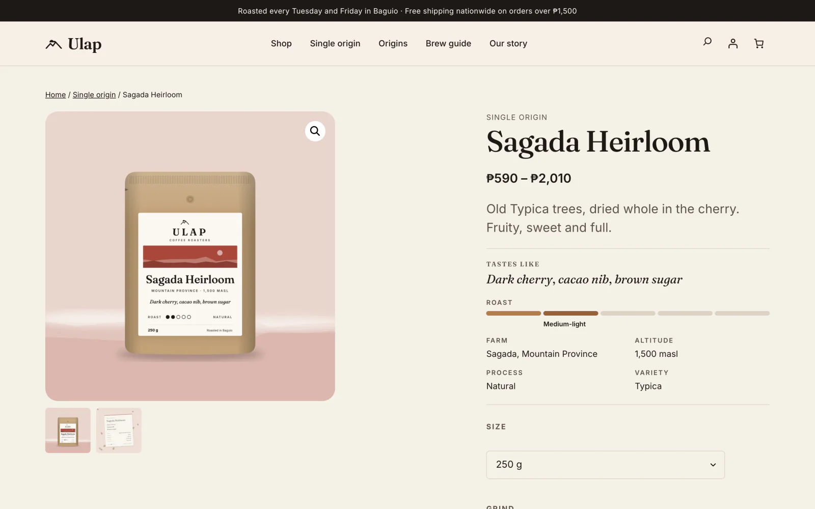 Sagada Heirloom product page with tasting notes, a roast meter, farm facts and the size and grind options