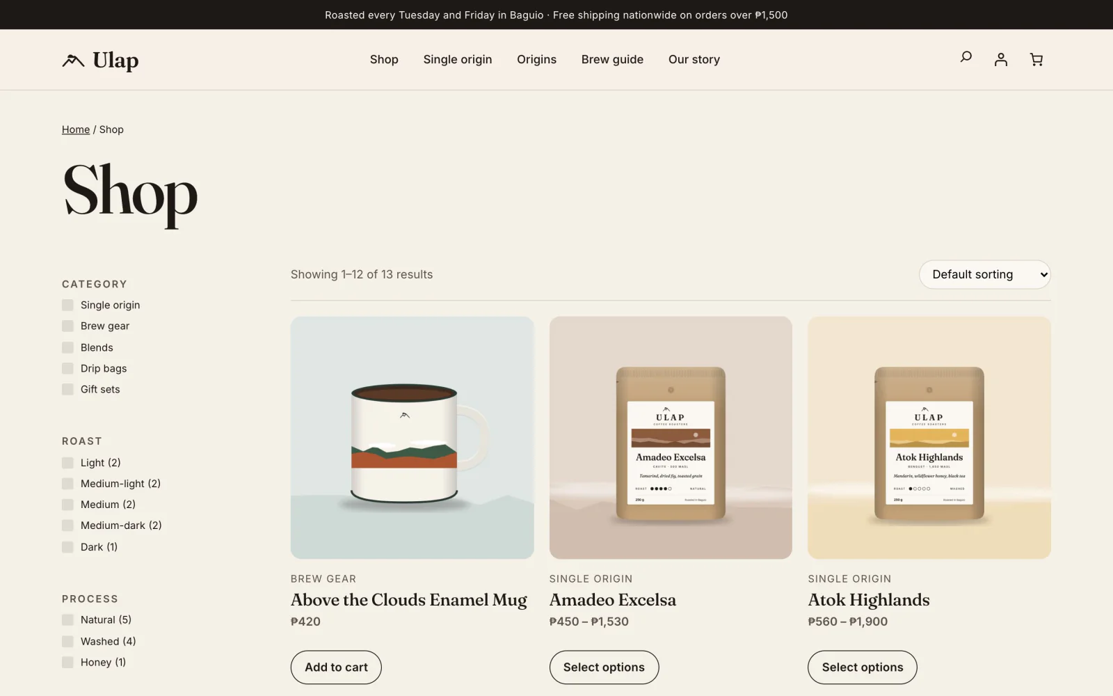 The shop page with category, roast, process and origin filters beside the product grid